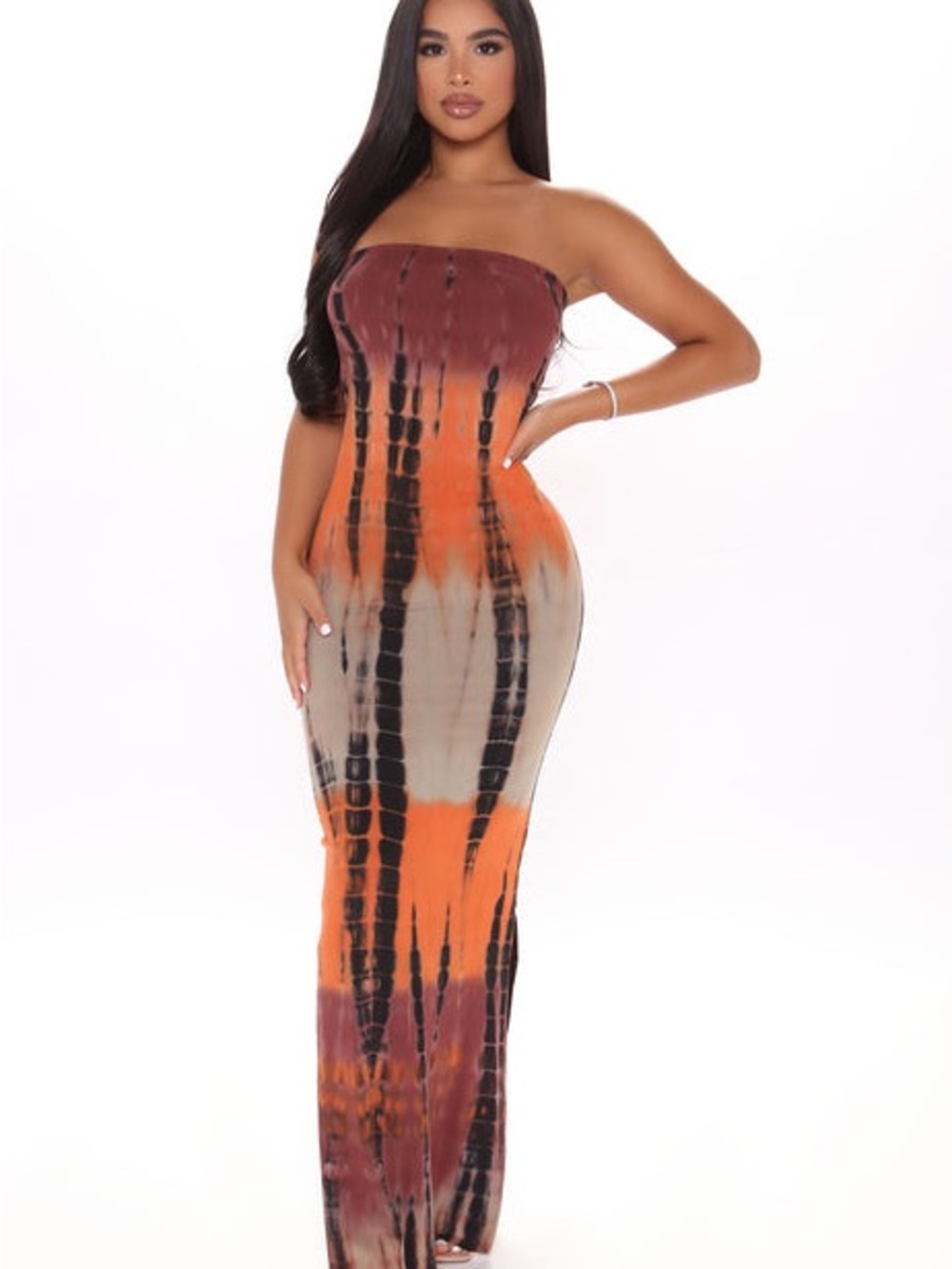 Fashion Nova Tie-Dye High Neck Maxi Skirt in Orange, Burgundy, Black